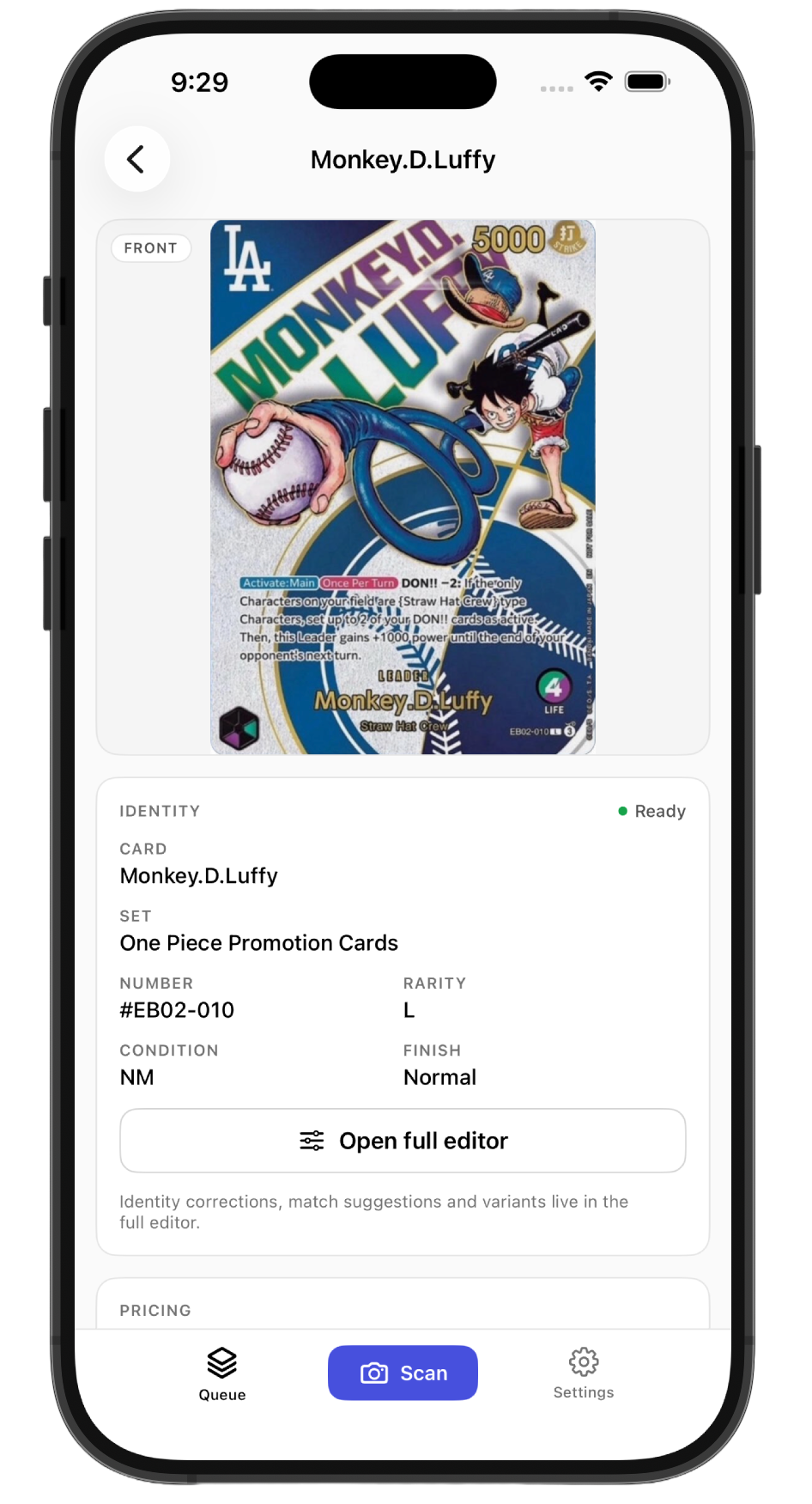 Easy TCG Lister iOS app — a scanned card identified, showing set, number, rarity, condition and finish
