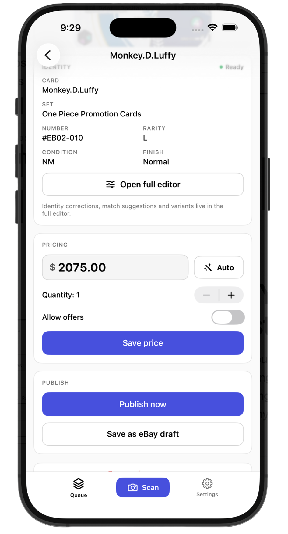 Easy TCG Lister iOS app — pricing screen with an auto-suggested market price and one-tap publish to eBay