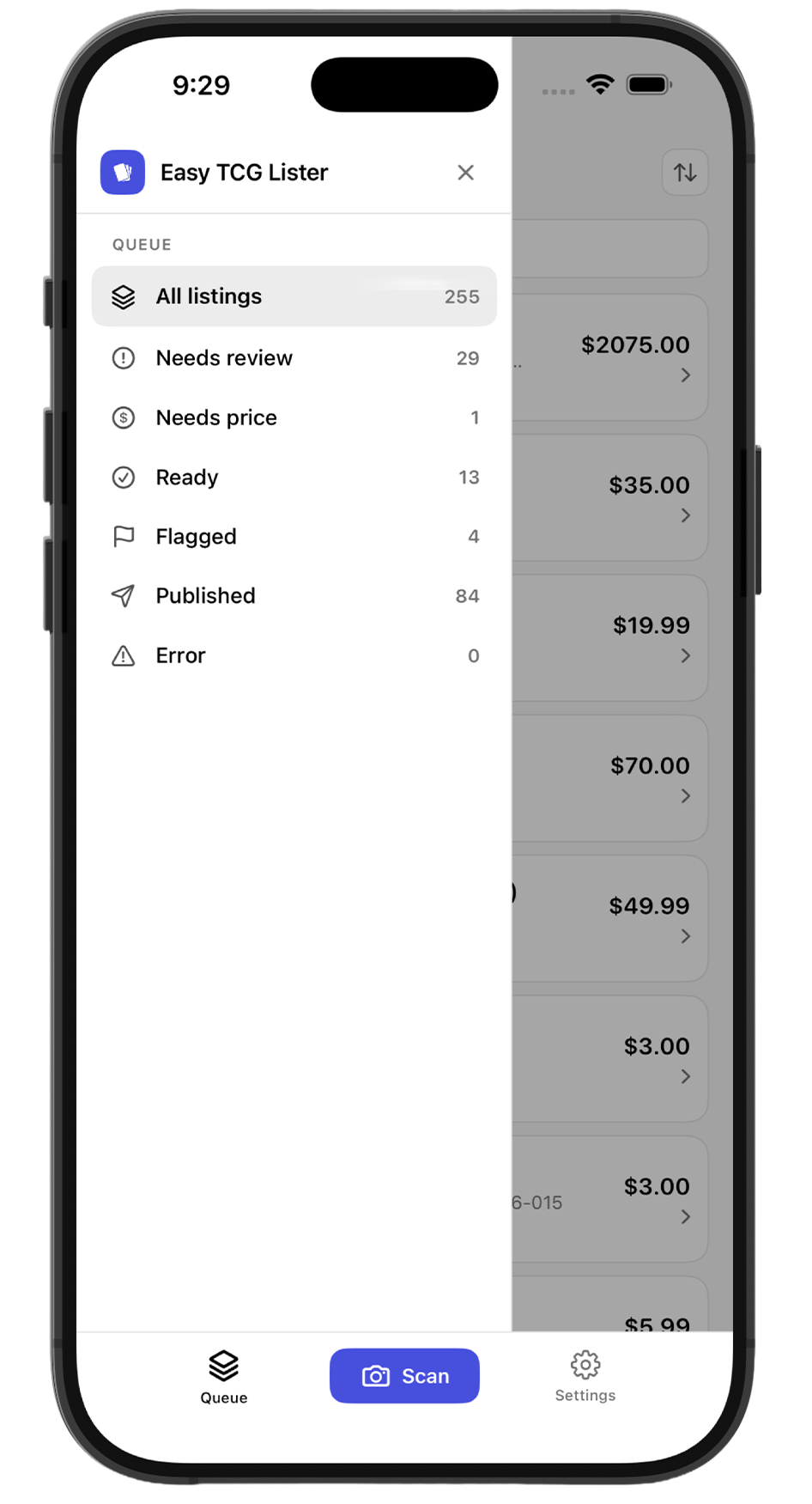 Easy TCG Lister iOS app — queue filters for needs review, needs price, ready, flagged and published