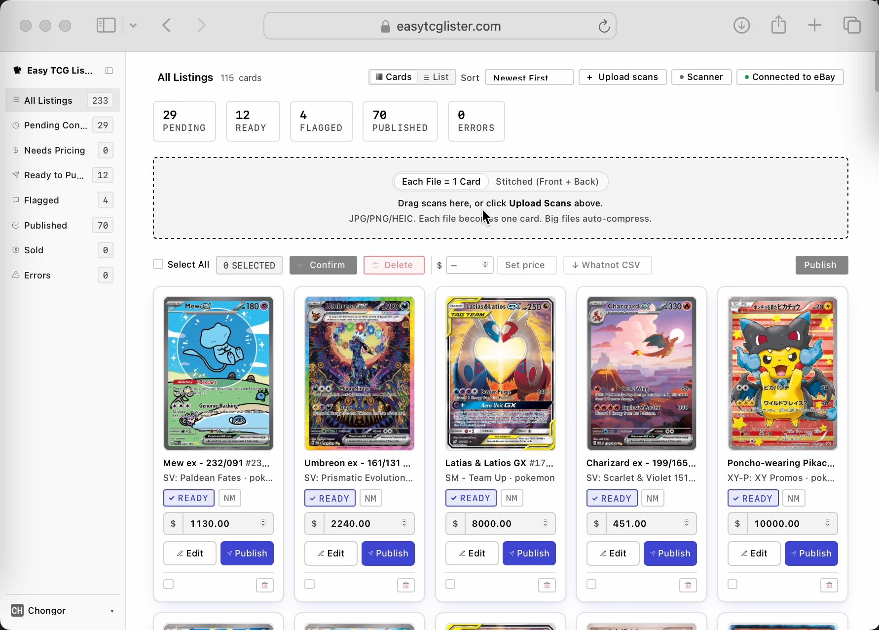 Easy TCG Lister dashboard — listings queue, market data, publish controls